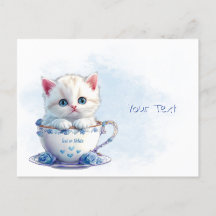Carte postale avec un chaton dans une tasse Fleurs