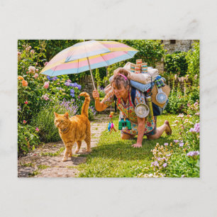 Carte Postale Aventure de chat avec femme surchargée
