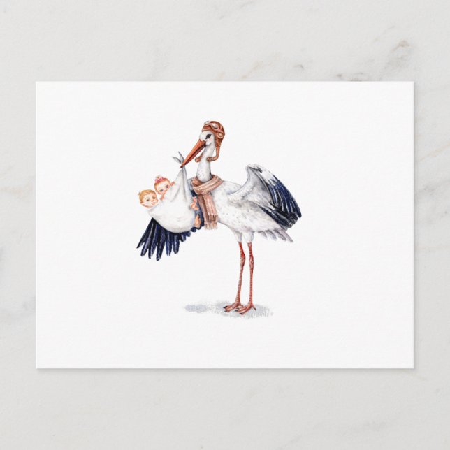Carte Postale Aviator Stork transportant des jumeaux (Devant)