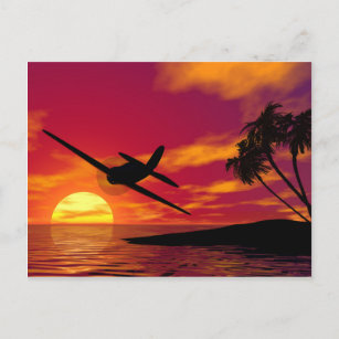 Carte Postale Avion dans un coucher de soleil tropical