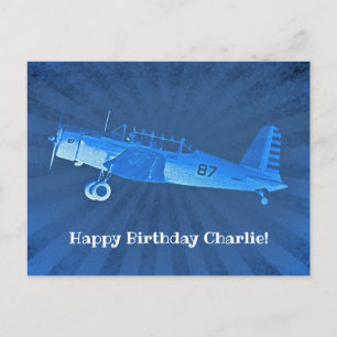 Carte Postale Avion rétro #87 Bleu Joyeux anniversaire