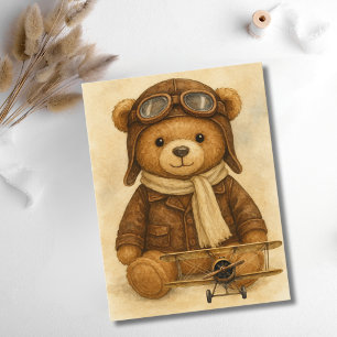 Carte Postale Avion Vintage Ourson Mignon Aviateur Aviation