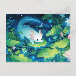 Carte Postale Axolotl Blanc dans l'étang magique de lys nocturne