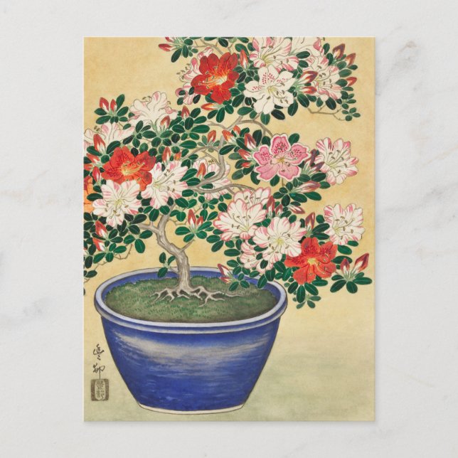 Carte Postale Azalée en fleurs dans un pot bleu par Ohara Koson (Devant)