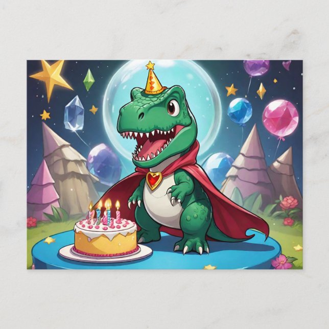 Carte Postale Babay T-Rex en cape devant un gâteau d'anniversair (Devant)