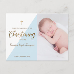 Carte Postale Baby Boy Modern Blue Photo Christening Merci