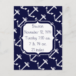 Carte Postale Baby Boy Nautical Navy Blue Ancre Motif