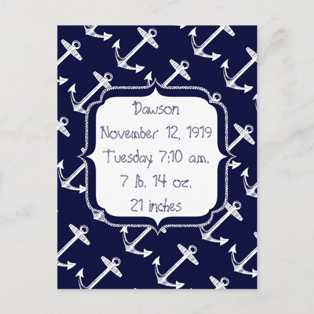 Carte Postale Baby Boy Nautical Navy Blue Ancre Motif (Devant)