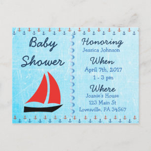 Carte Postale Baby Boy Voilier Blue Baby shower Invitation