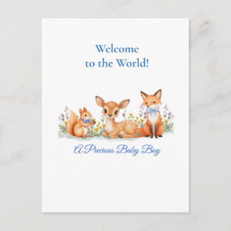 Carte Postale Baby Boy Welcome Woodland Animals Deer Fox Squirre