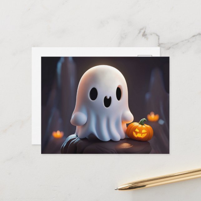 Carte Postale Baby Ghost Déplaisant mignon caractère Halloween (Devant/Arrière en situation)