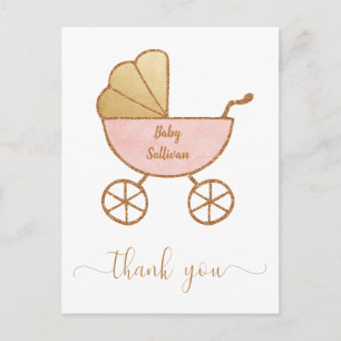 Carte Postale Baby Girl Douche Retro Carriage Merci rose