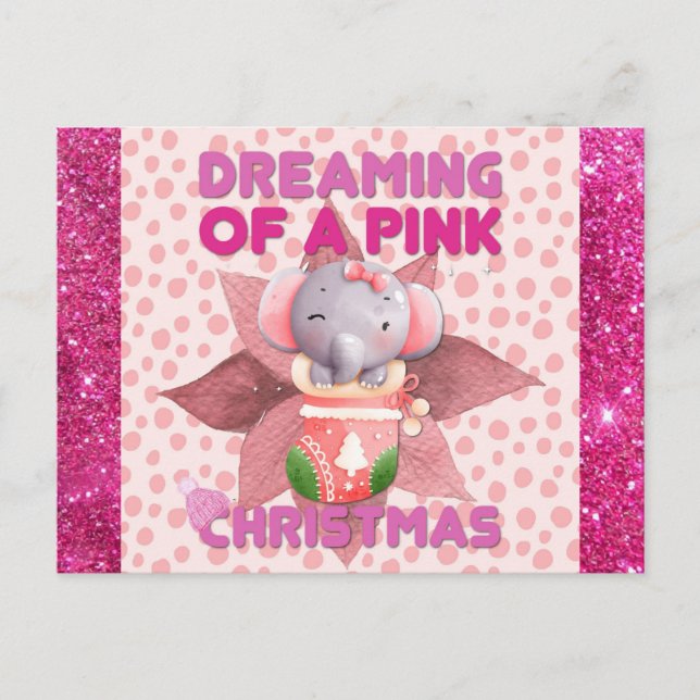 Carte Postale Baby Girl Elephant rêve d'un Noël rose (Devant)