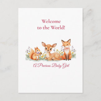Carte Postale Baby Girl Welcome Woodland Animals Deer Fox Squirr