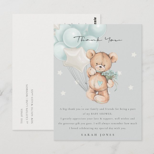 Carte Postale Baby shower à ballon d'attente gris bleu ours (Devant / Derrière)