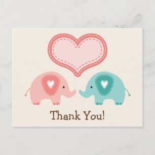 Carte Postale Baby shower à éléphants jumeaux Merci