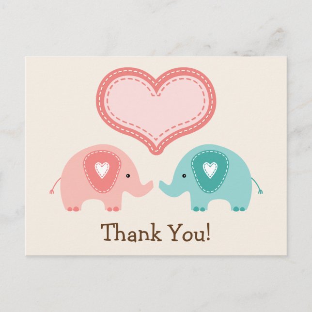 Carte Postale Baby shower à éléphants jumeaux Merci (Devant)