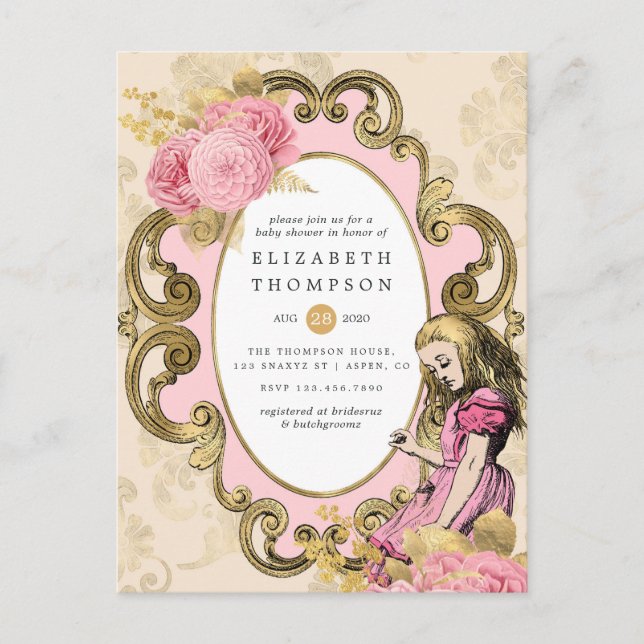 Carte Postale Baby Shower Alice au Pays des Merveilles rose et o (Devant)