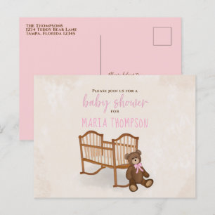 Carte Postale Baby shower Aquarelle Rustique rose farci Animal