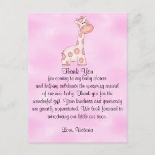Carte Postale baby shower bébé fille rose Giraffe