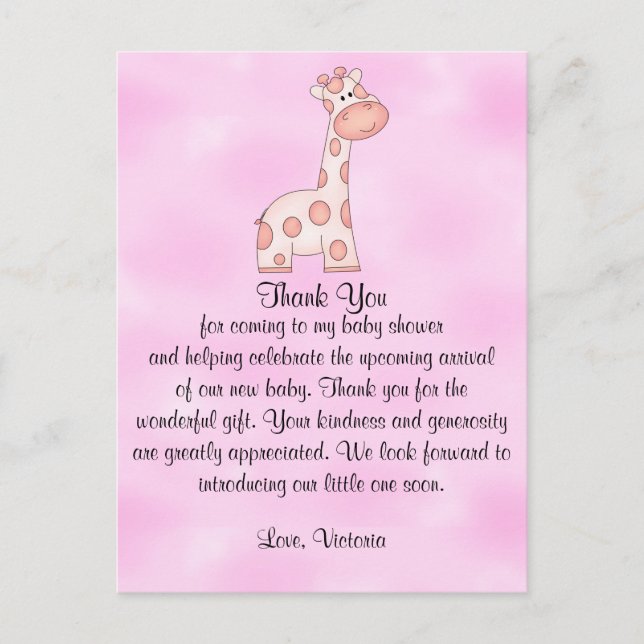 Carte Postale baby shower bébé fille rose Giraffe (Devant)