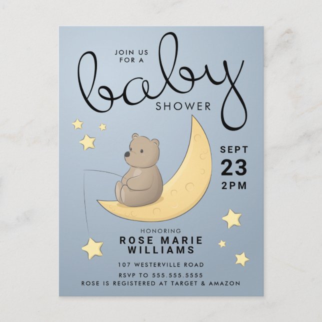 Carte Postale BABY SHOWER | Bébé Ours Lune & Étoiles (Devant)