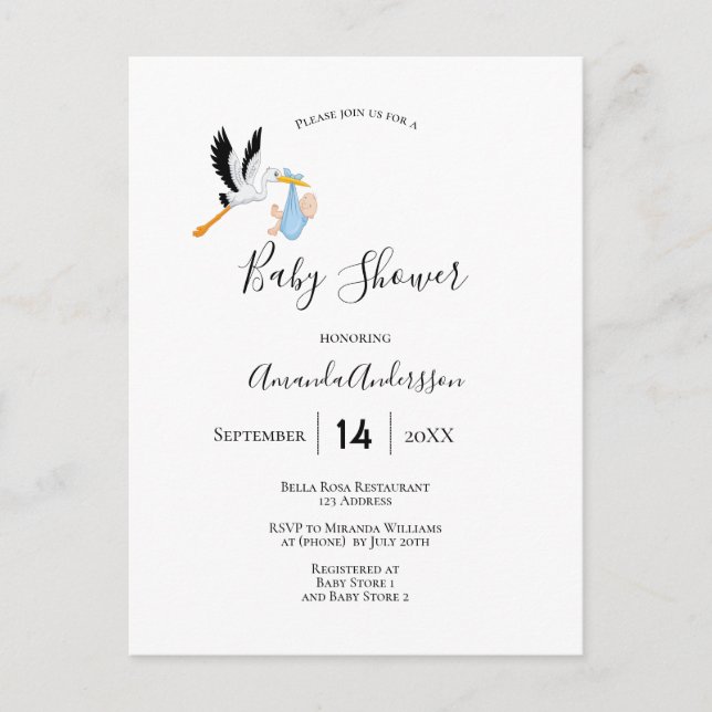 Carte Postale Baby shower blanc bleu cigogne (Devant)