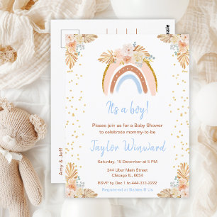Carte Postale Baby shower bleu arc-en-ciel Boho