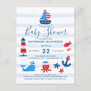 Carte Postale Baby shower bleu, blanc et bleu marine