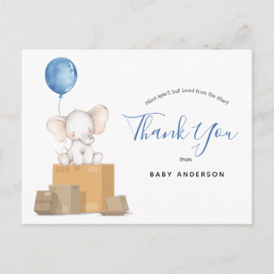 Carte Postale Baby shower bleu éléphant par Merci de courrier