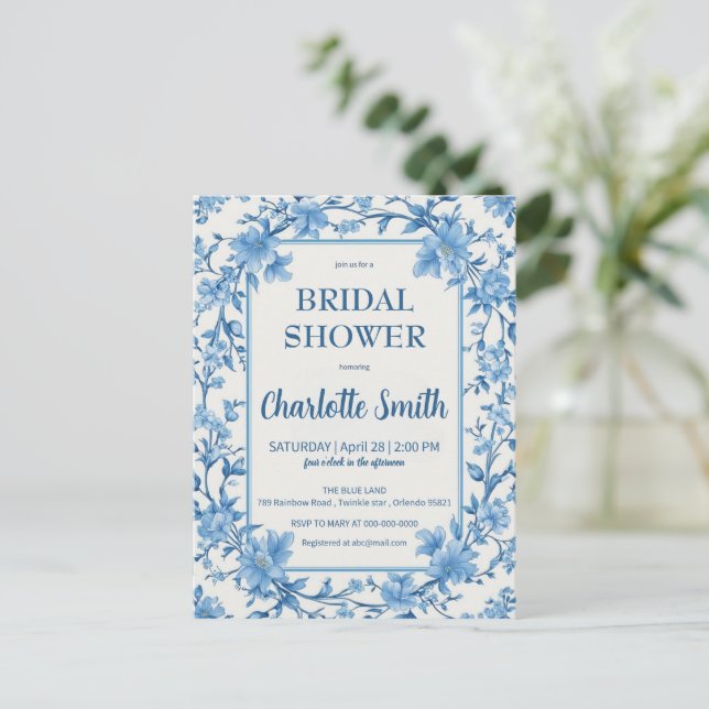 Carte Postale baby shower bleu et blanc antique de style chinois (Debout devant)