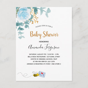 Carte Postale Baby shower bleu garçon floral vert maman à abeill