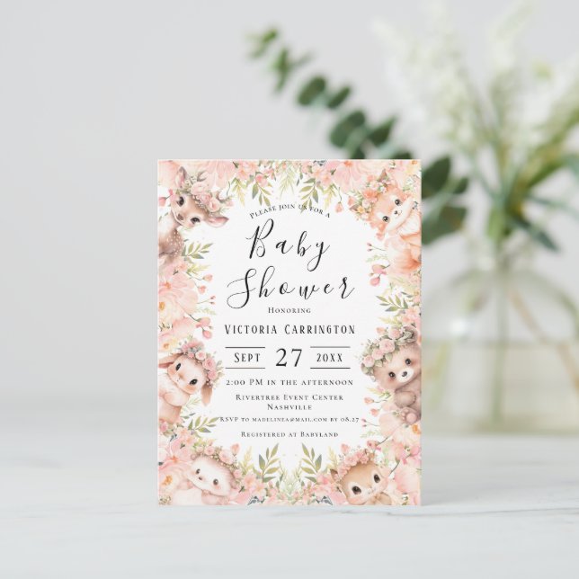 Carte Postale Baby shower budgétaire sur les animaux des bois (Debout devant)
