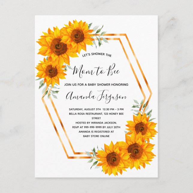Carte Postale Baby shower d'abeilles tournesols rose or invitati (Devant)