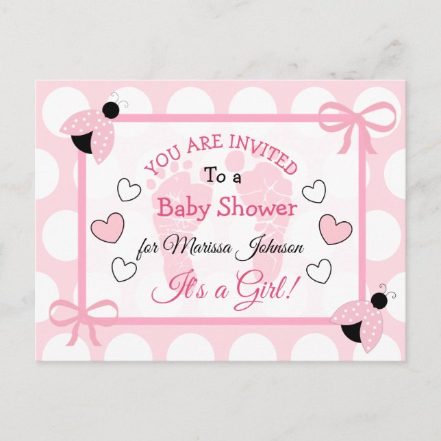 Carte Postale Baby shower de la fille de Ladybug rose mignonne I (Devant)