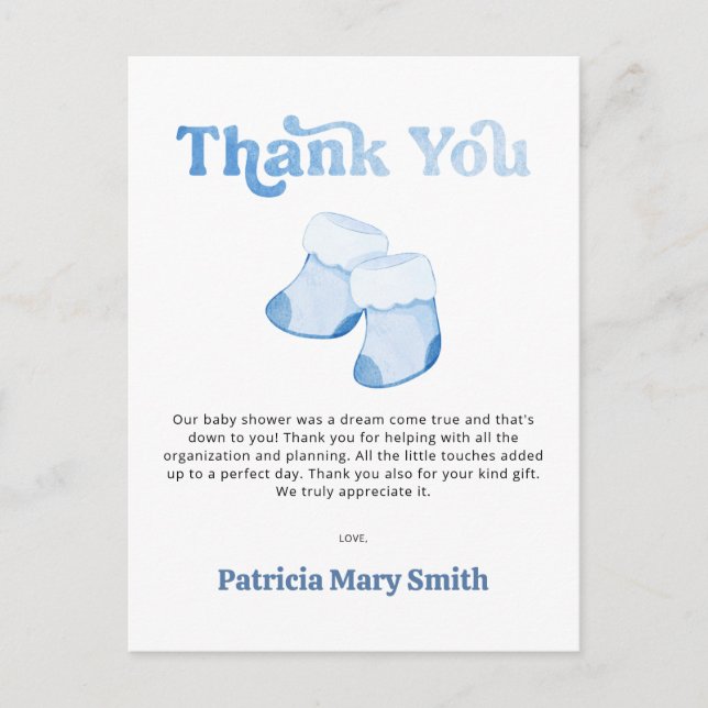 Carte Postale Baby shower de Merci pour garçons Blue Booties (Devant)