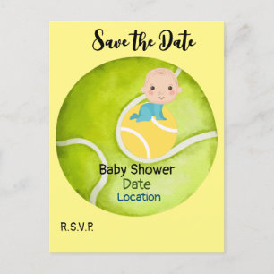 Carte Postale Baby shower de tennis avec bébé sur balle Date de 