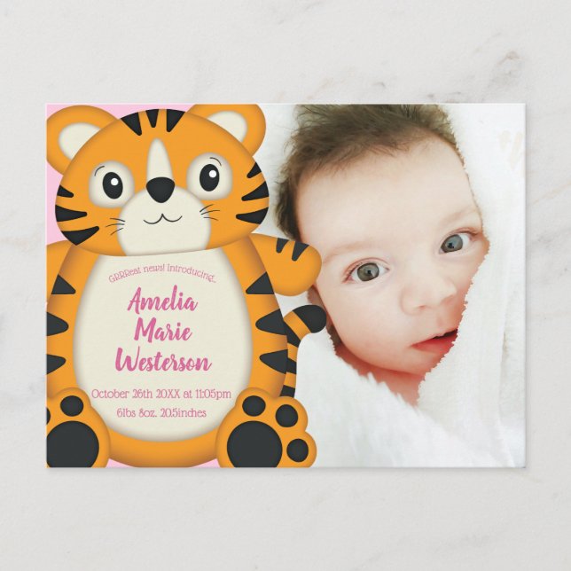 Carte Postale Baby shower de tigre rose (Devant)