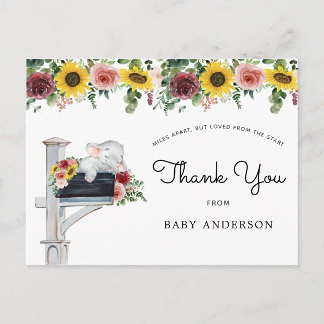 Carte Postale Baby shower de tournesol éléphant par Merci du cou (Devant)