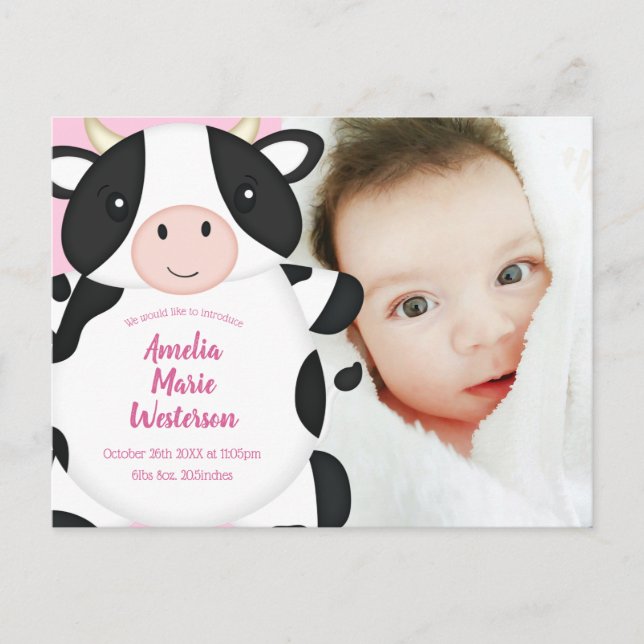 Carte Postale Baby shower de vache rose (Devant)