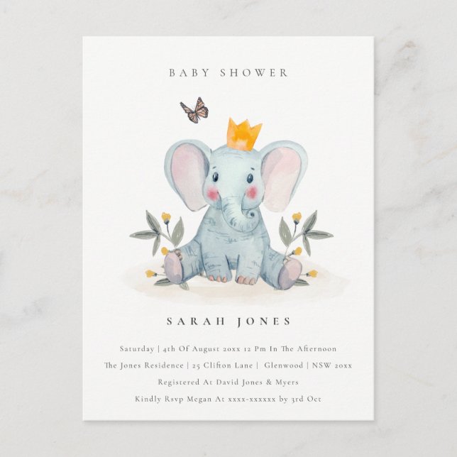 Carte Postale Baby shower d'éléphant de fermentation mignon en b (Devant)