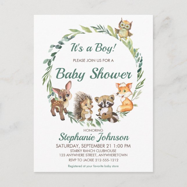 Carte Postale Baby shower des animaux forestiers rustiques (Devant)