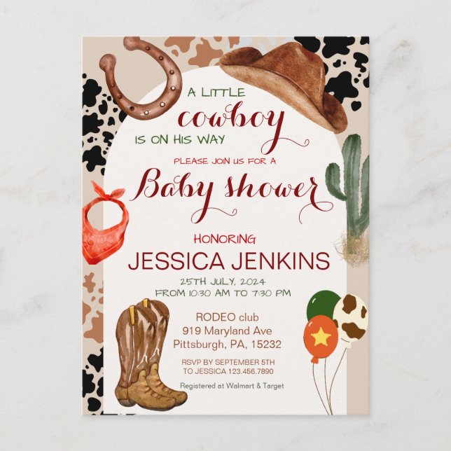 Carte Postale Baby shower des bottes de Casquette occidental Cow (Devant)