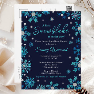 Carte Postale Baby shower d'hiver des flocons bleus et argentés