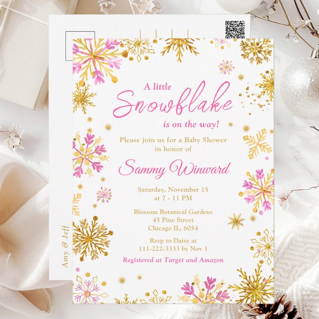 Carte Postale Baby shower d'hiver des flocons de neige roses et  (Créateur téléchargé)