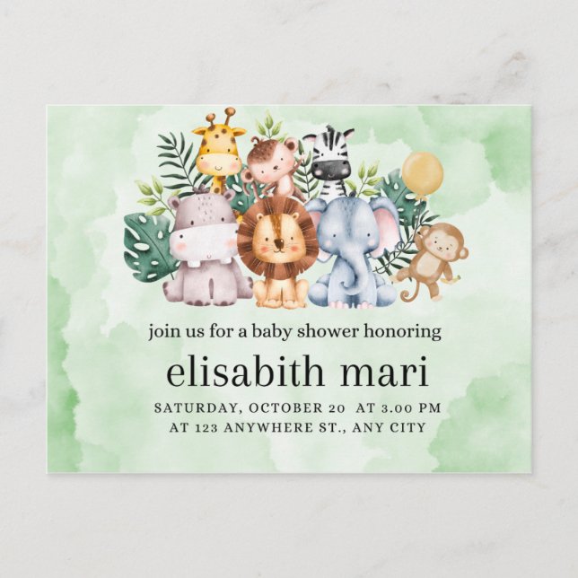 Carte Postale baby shower d'invitation, animaux (Devant)