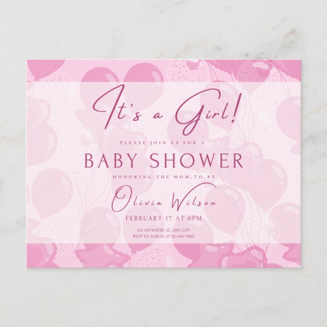 Carte Postale baby shower d'invitation, c'est une fille, rose (Devant)