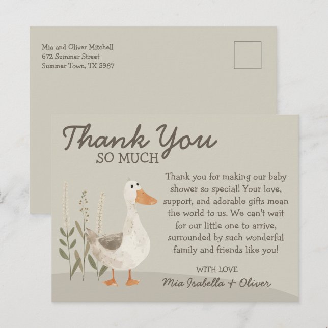 Carte postale Baby shower d'oie d'aquarelle Merci (Devant / Derrière)