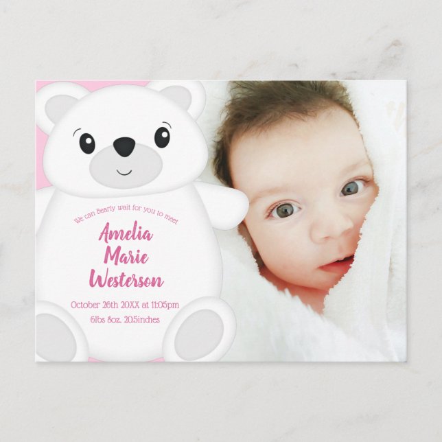 Carte Postale Baby shower d'ours polaire rose (Devant)