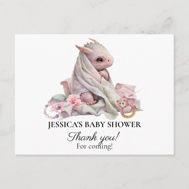 Carte Postale Baby Shower Dragon Rose Merci (Devant)